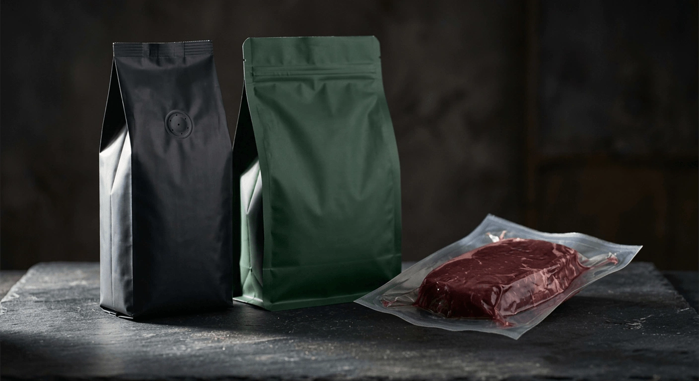 High barrier flexible packaging applications: coffee bag, pet food pouch, and vacuum-sealed meat package
