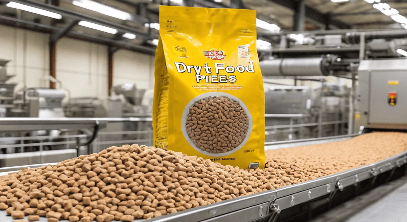 Dry pet food bag on factory conveyor belt showing heat-sealed edge