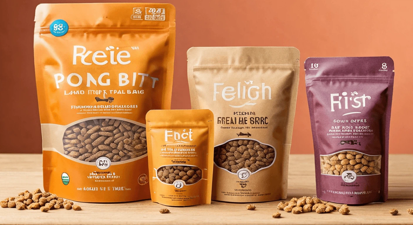 Flexible pet food packaging formats including wet food pouch, dry food bag, and treat pouch
