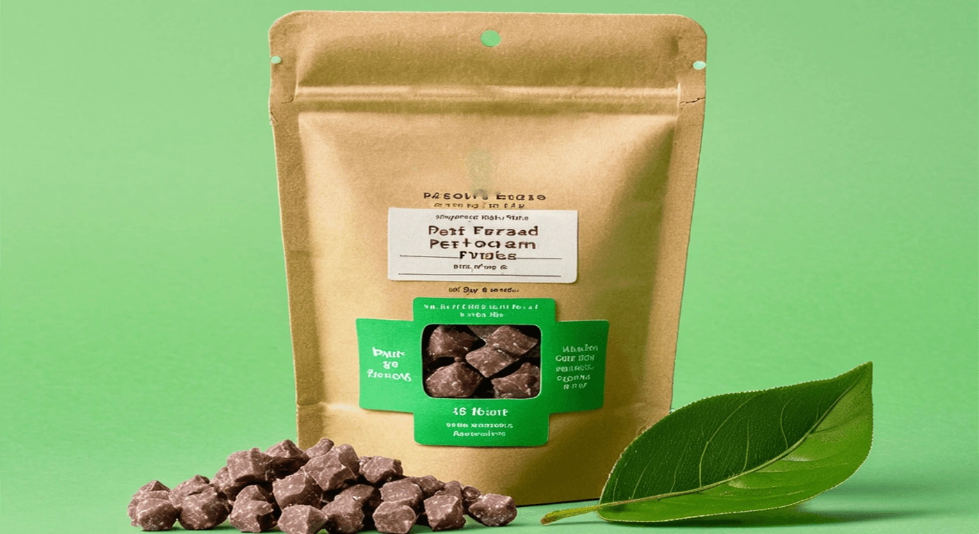 Mono-material recyclable pet treat pouch on light green background